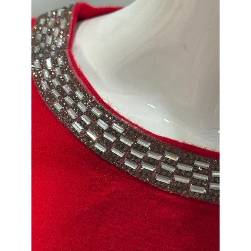 Liz Claiborne‎ Red Jeweled Neck 3/4 Sleeve Sweater Top Elegant Knit Size L NEW